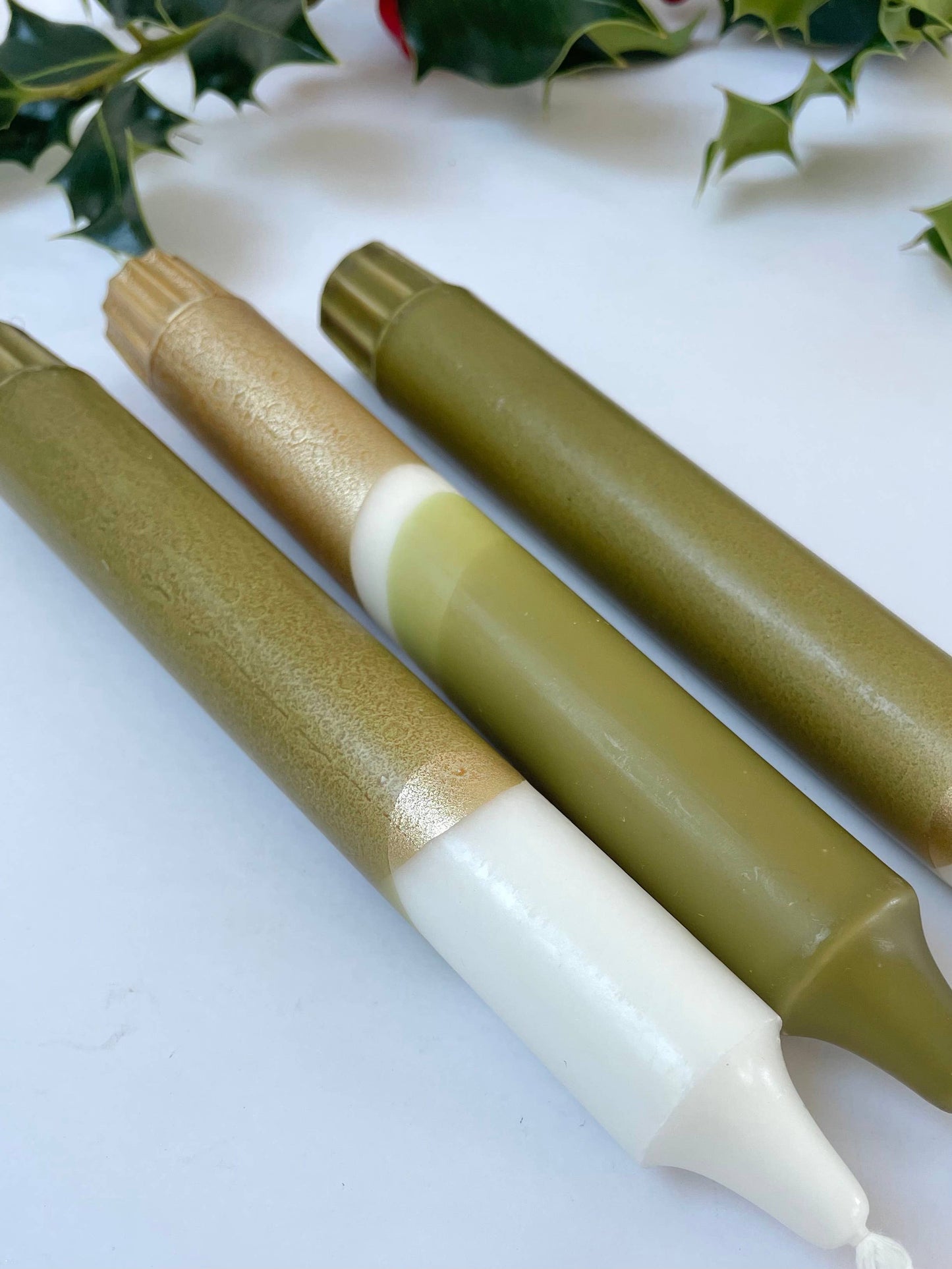 The Singing Rabbit - Luxe Olive Green & Gold Dip Dyed Dinner Candles