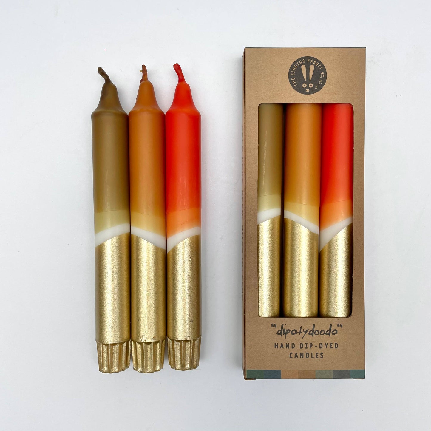 The Singing Rabbit Olive, Caramel, Rust & Gold Dip Dyed Dinner Candles