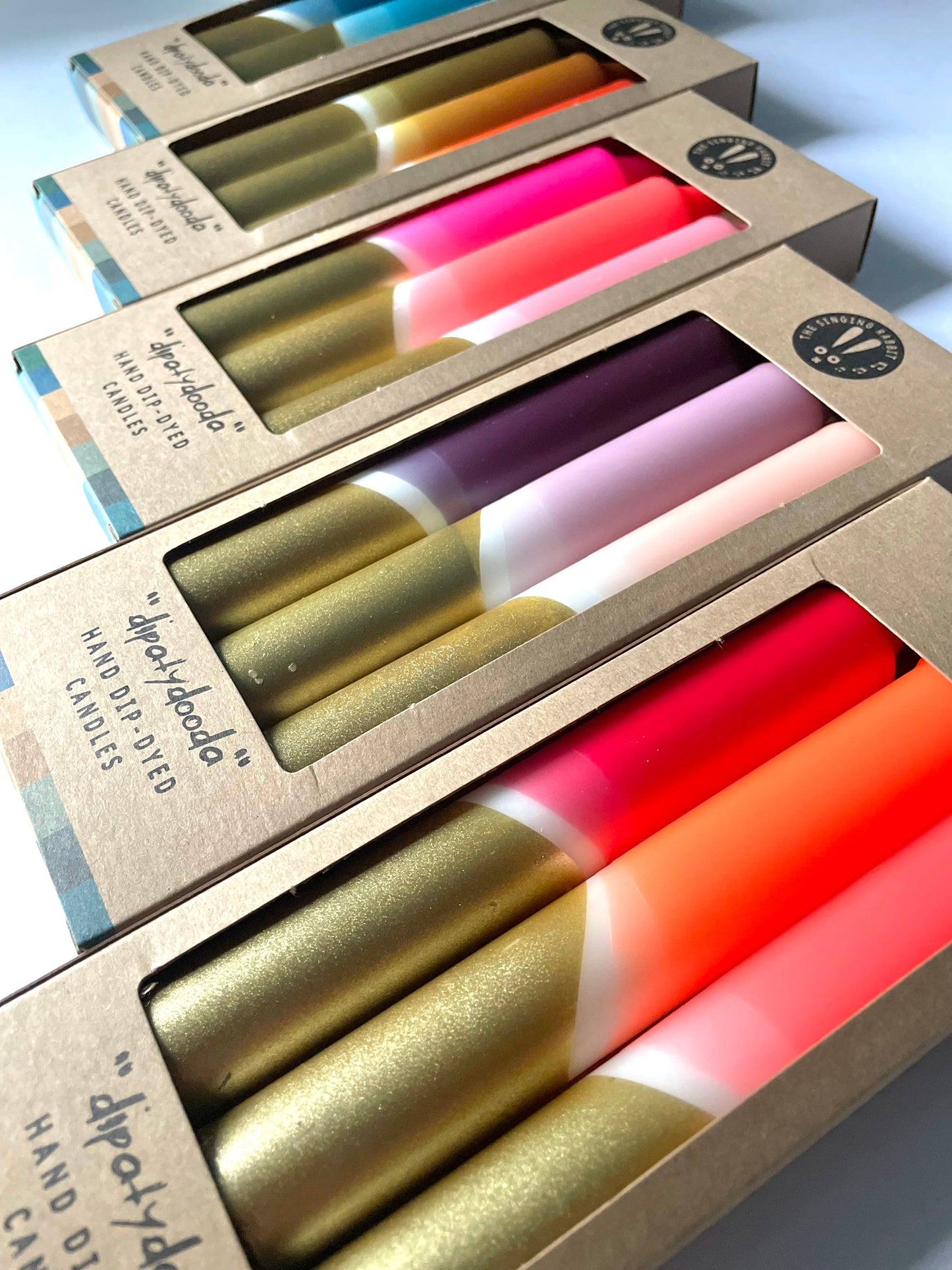 The Singing Rabbit - Aubergine, Heather, Blush Pink & Gold Dip Dye Dinner Candles