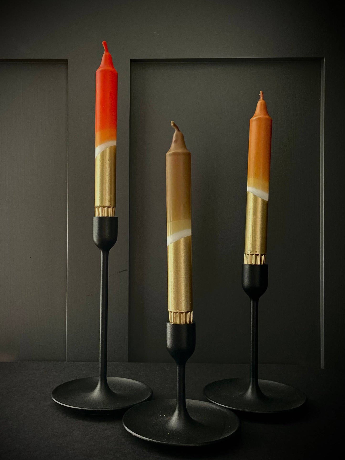 The Singing Rabbit Olive, Caramel, Rust & Gold Dip Dyed Dinner Candles
