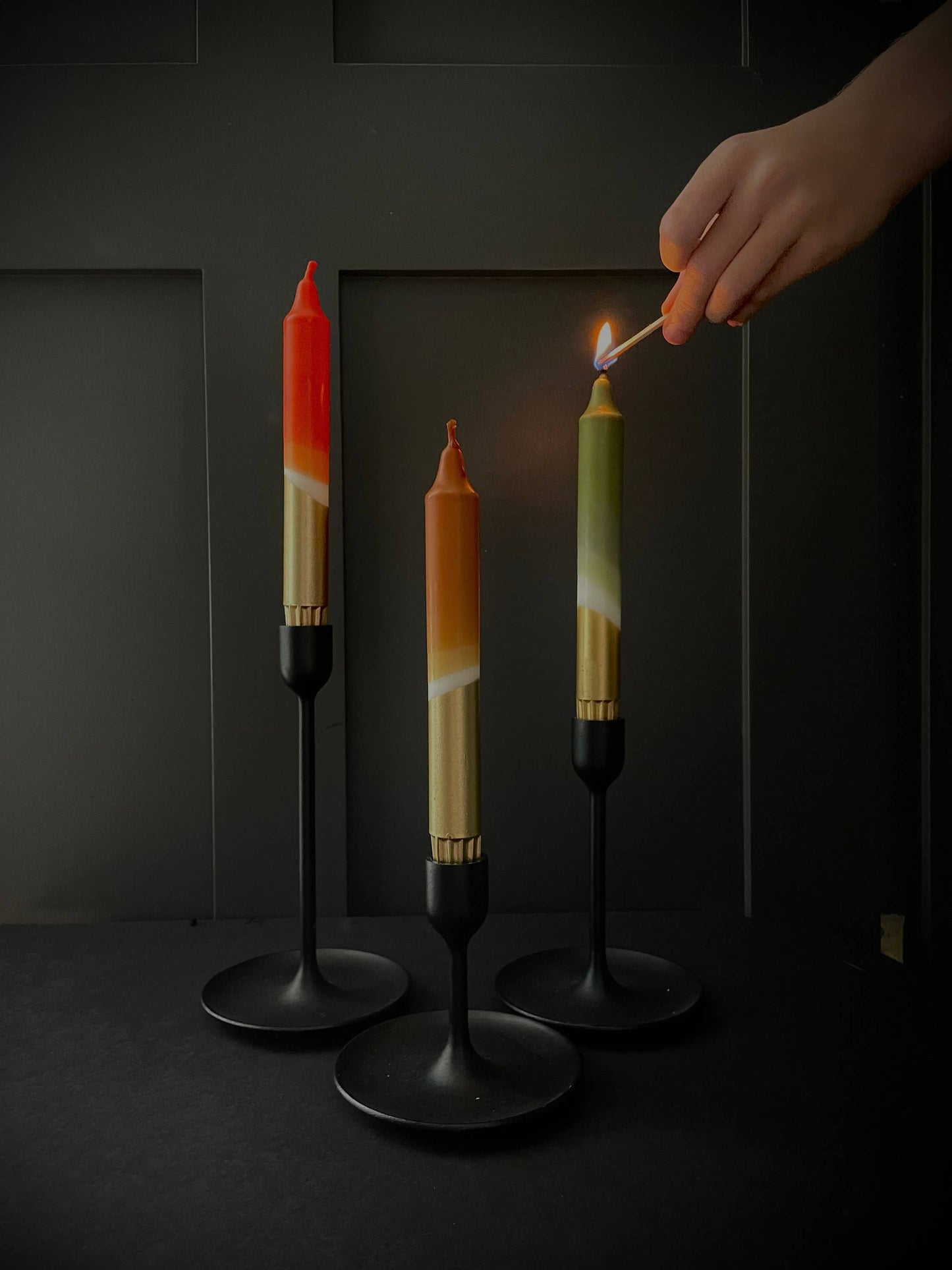 The Singing Rabbit Olive, Caramel, Rust & Gold Dip Dyed Dinner Candles