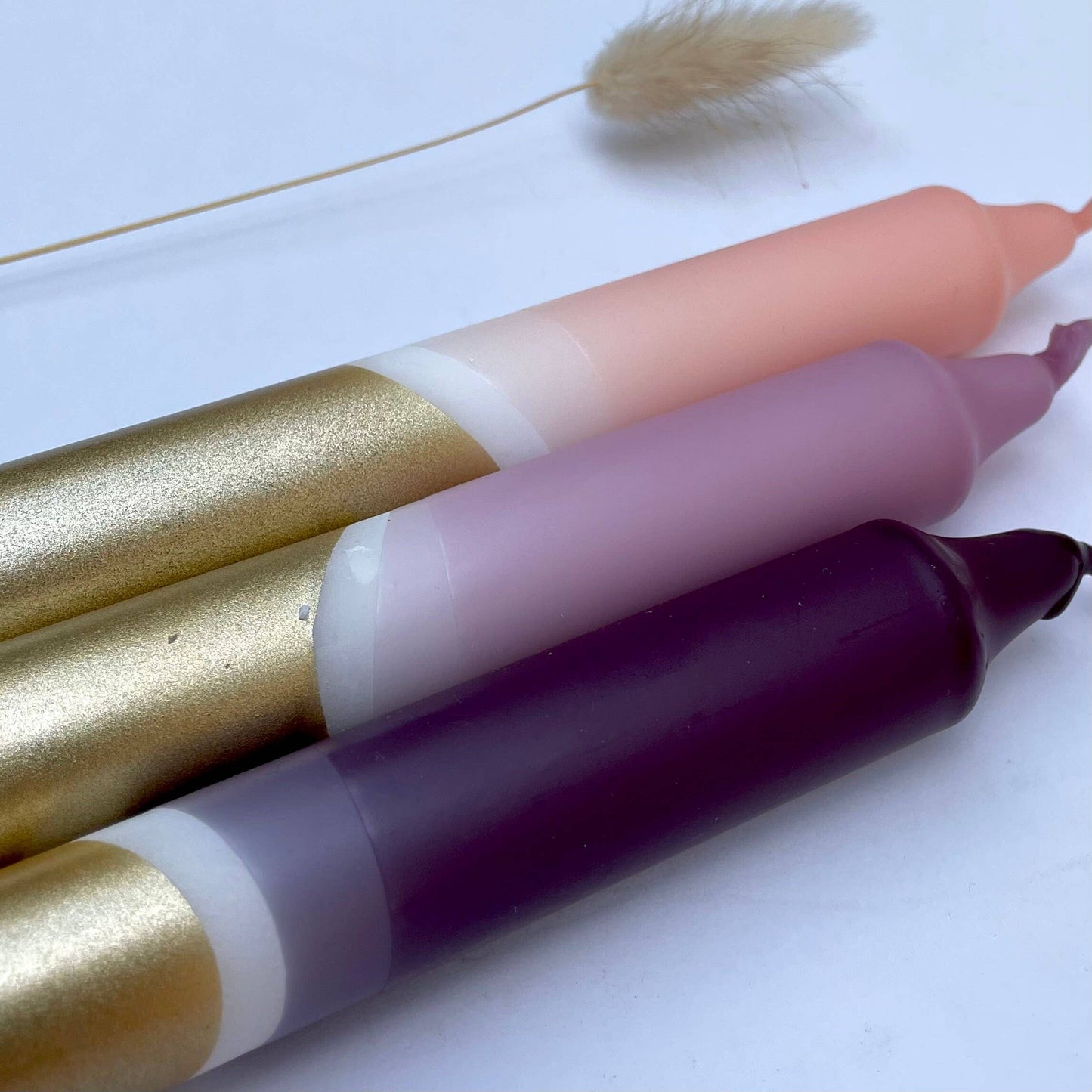 The Singing Rabbit - Aubergine, Heather, Blush Pink & Gold Dip Dye Dinner Candles