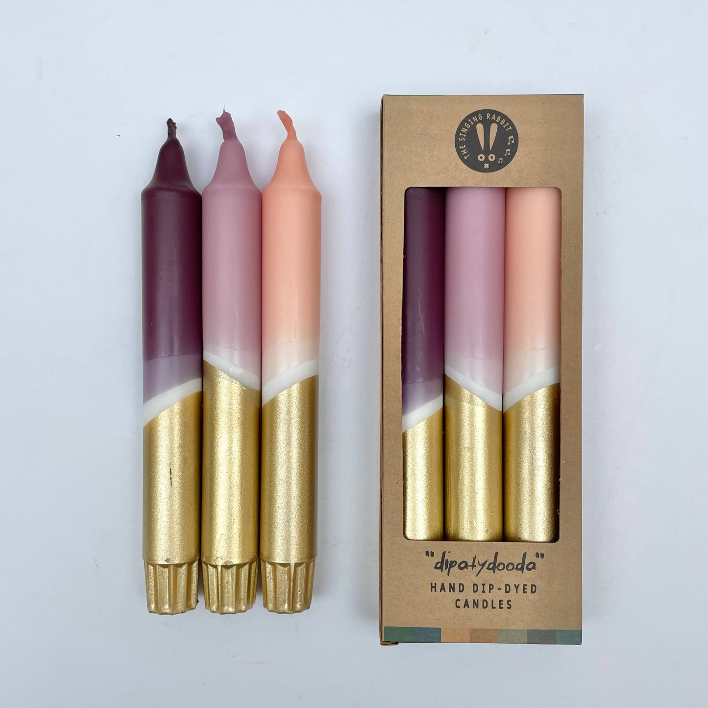 The Singing Rabbit - Aubergine, Heather, Blush Pink & Gold Dip Dye Dinner Candles