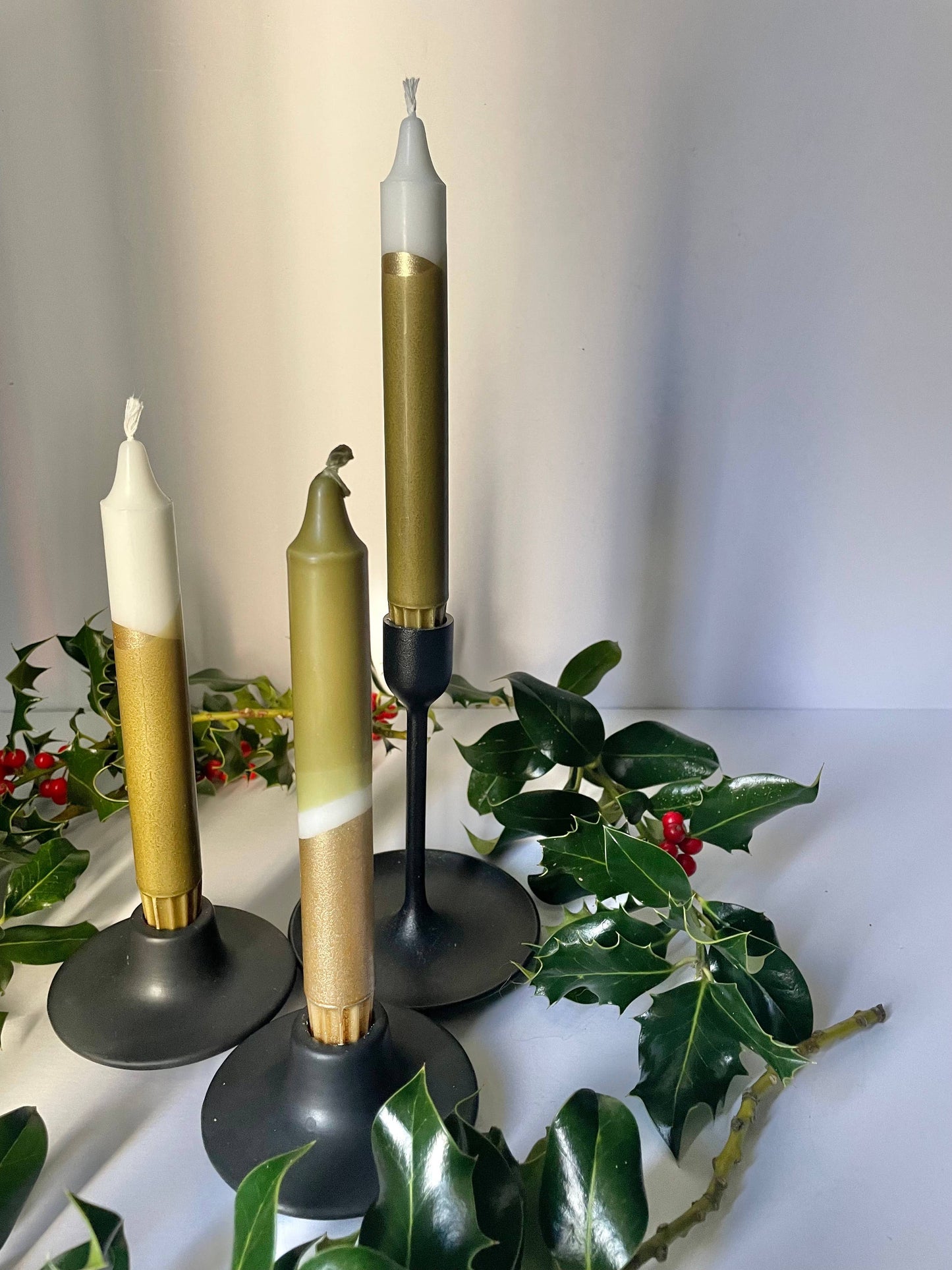 The Singing Rabbit - Luxe Olive Green & Gold Dip Dyed Dinner Candles