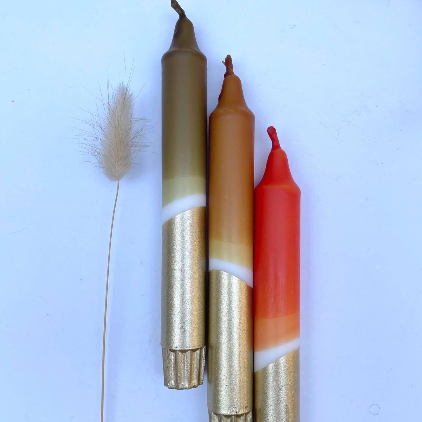 The Singing Rabbit Olive, Caramel, Rust & Gold Dip Dyed Dinner Candles