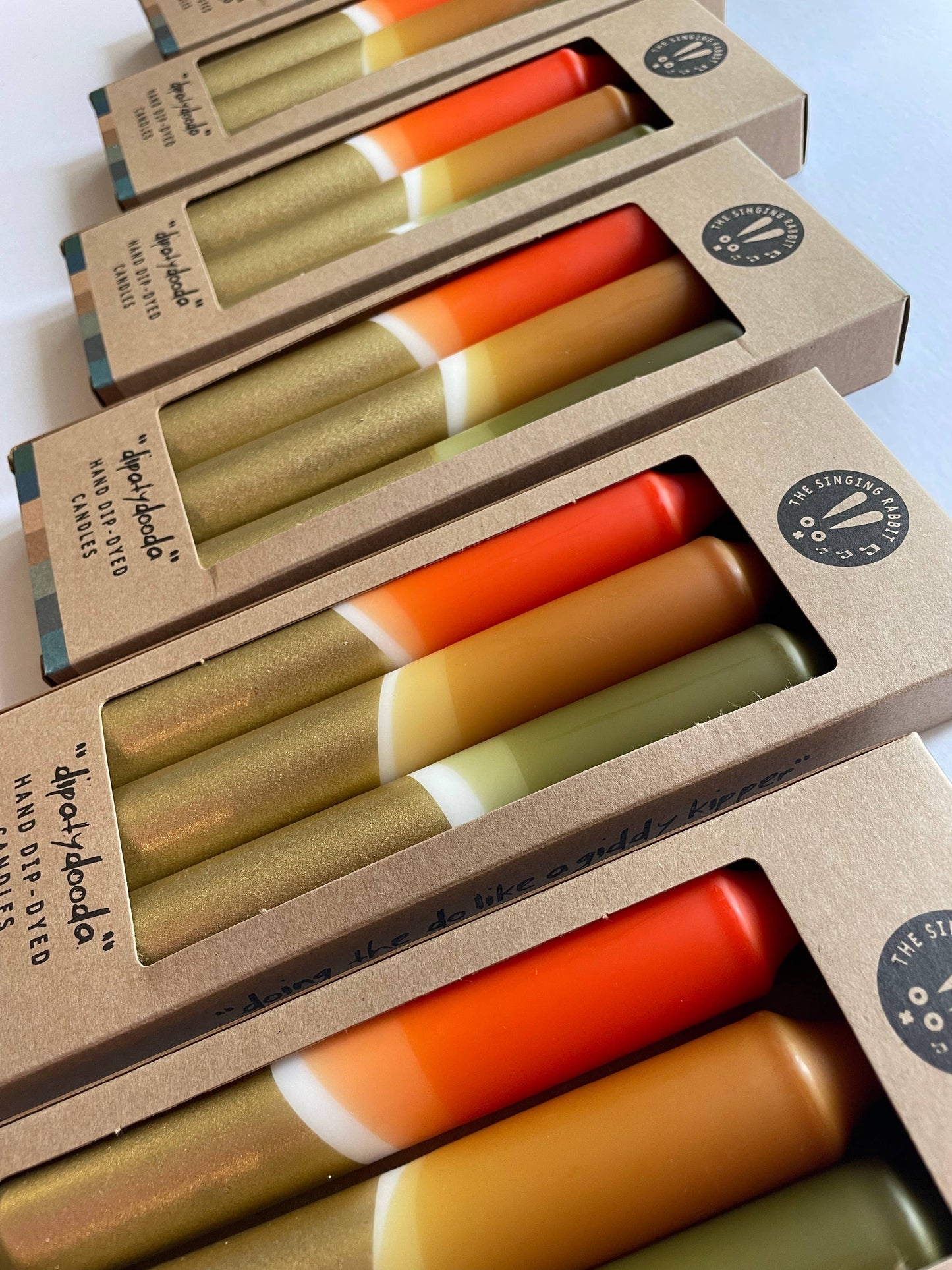 The Singing Rabbit Olive, Caramel, Rust & Gold Dip Dyed Dinner Candles