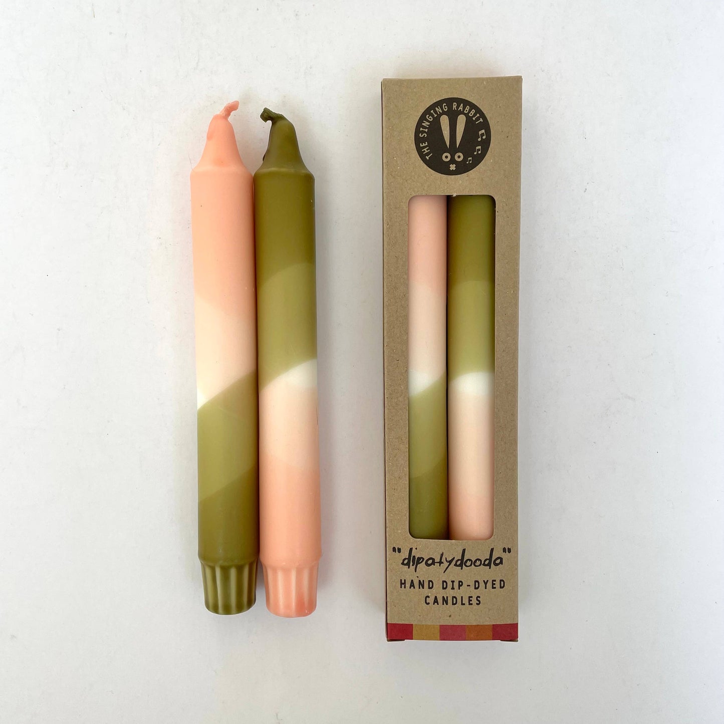 The Singing Rabbit - Blush Pink and Olive Green Dip Dyed Dinner Candles