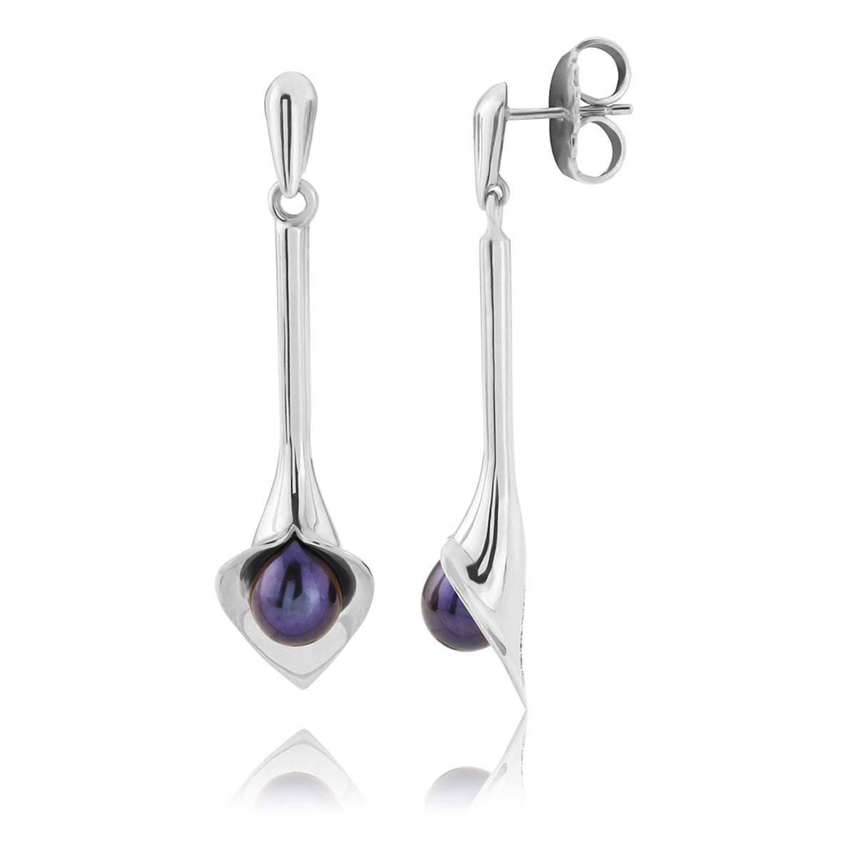 silver drop earrings that look like a Cala lily with a freshwater pearl, handmade jewellery made in Yorkshire, bridal jewellery handmade, Amanda Cox, Hebden Bridge