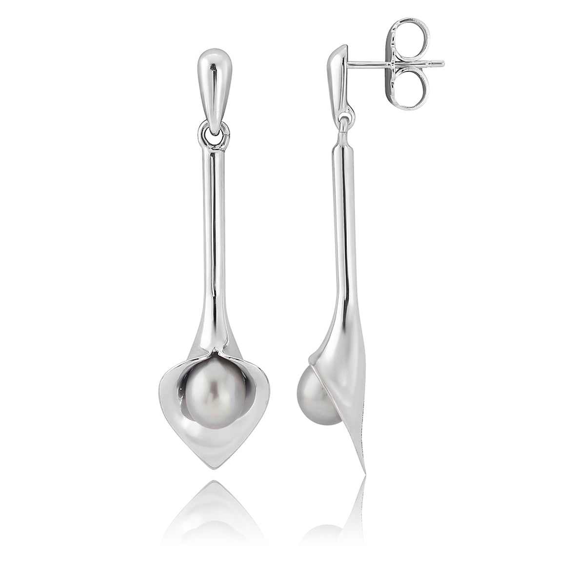 silver drop earrings that look like a Cala lily with a freshwater pearl, handmade jewellery made in Yorkshire, bridal jewellery handmade, Amanda Cox, Hebden Bridge