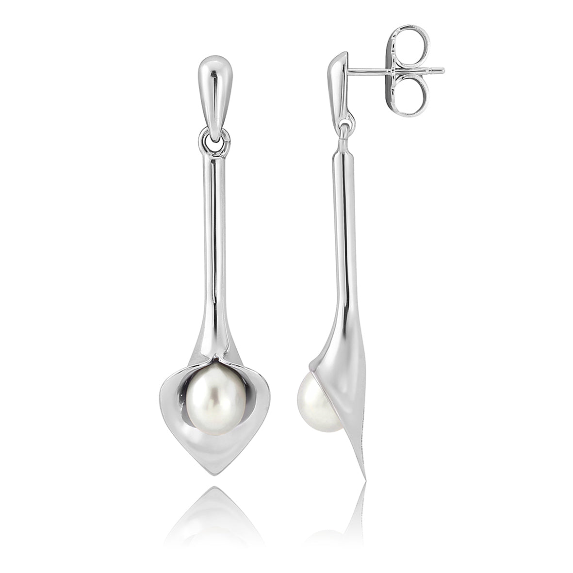 silver drop earrings that look like a Cala lily with a freshwater pearl, handmade jewellery made in Yorkshire, bridal jewellery handmade, Amanda Cox, Hebden Bridge