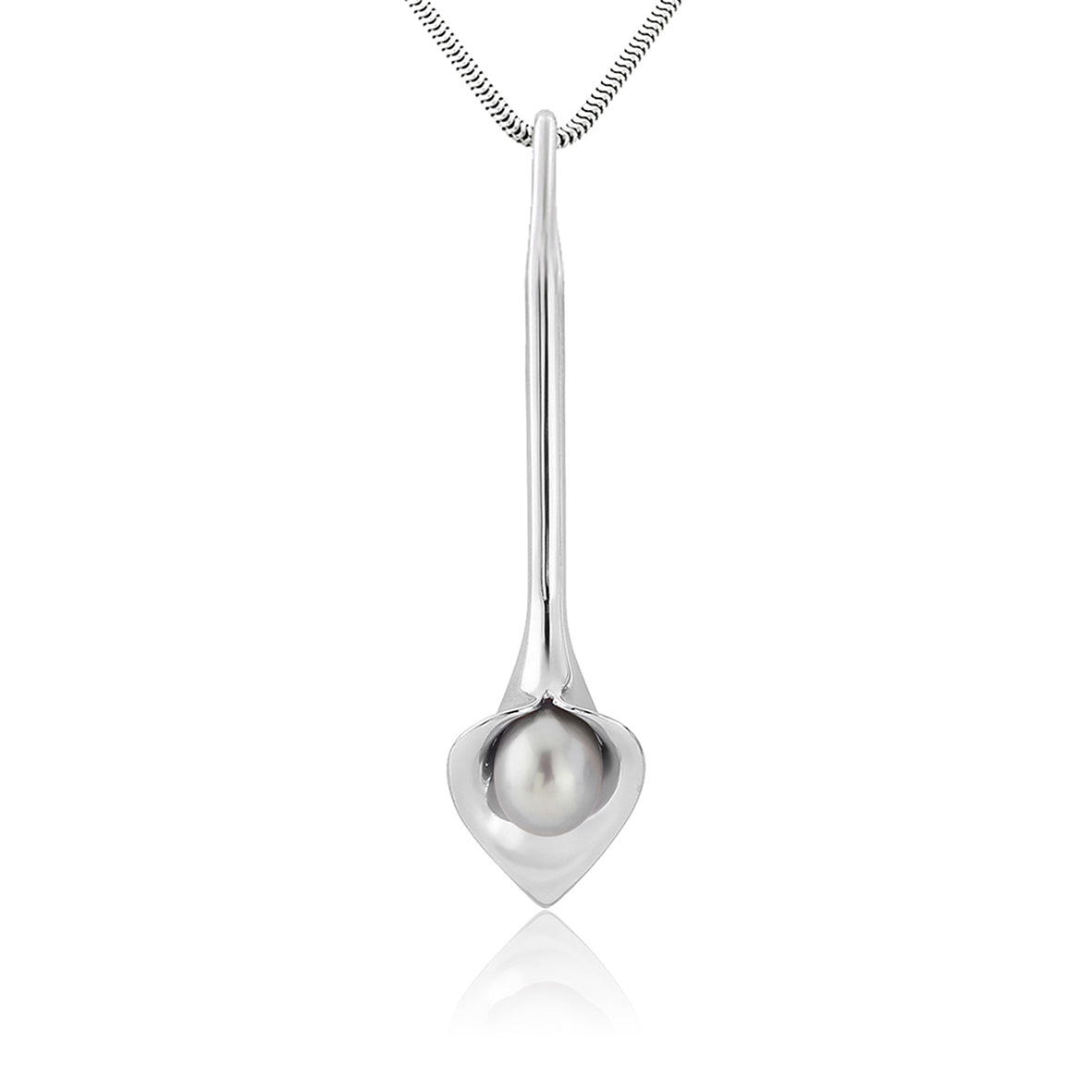 silver pendant that looks like a cala lily with a freshwater pearl, handmade jewellery made in Yorkshire, Amanda Cox, Hebden Bridge bridal jewellery