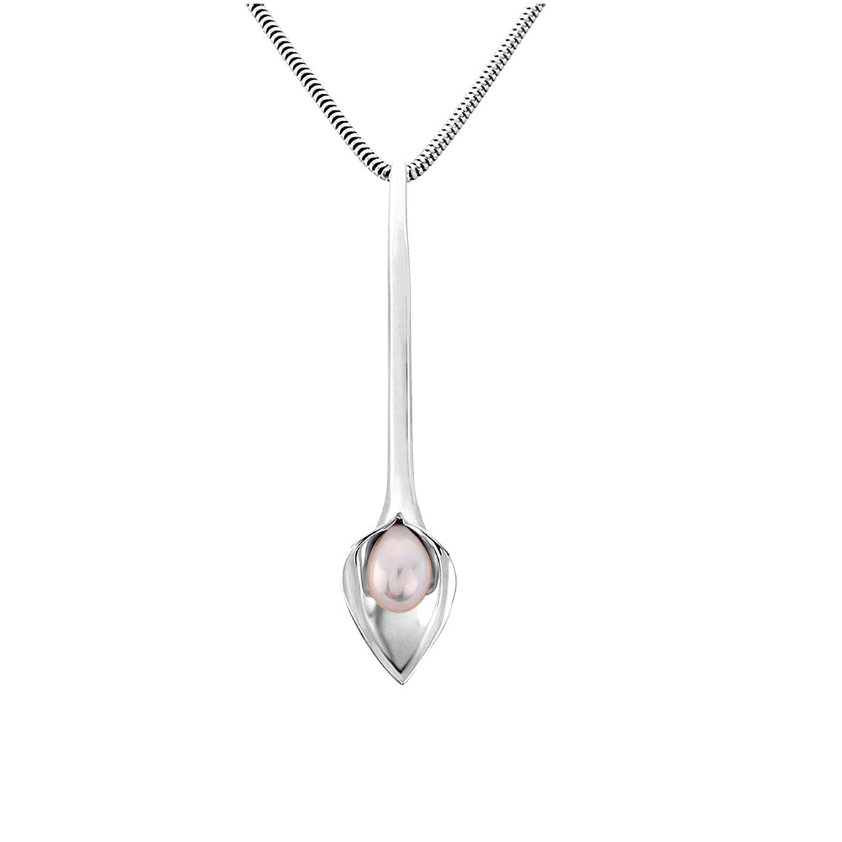 silver pendant that looks like a cala lily with a freshwater pearl, handmade jewellery made in Yorkshire, Amanda Cox, Hebden Bridge bridal jewellery