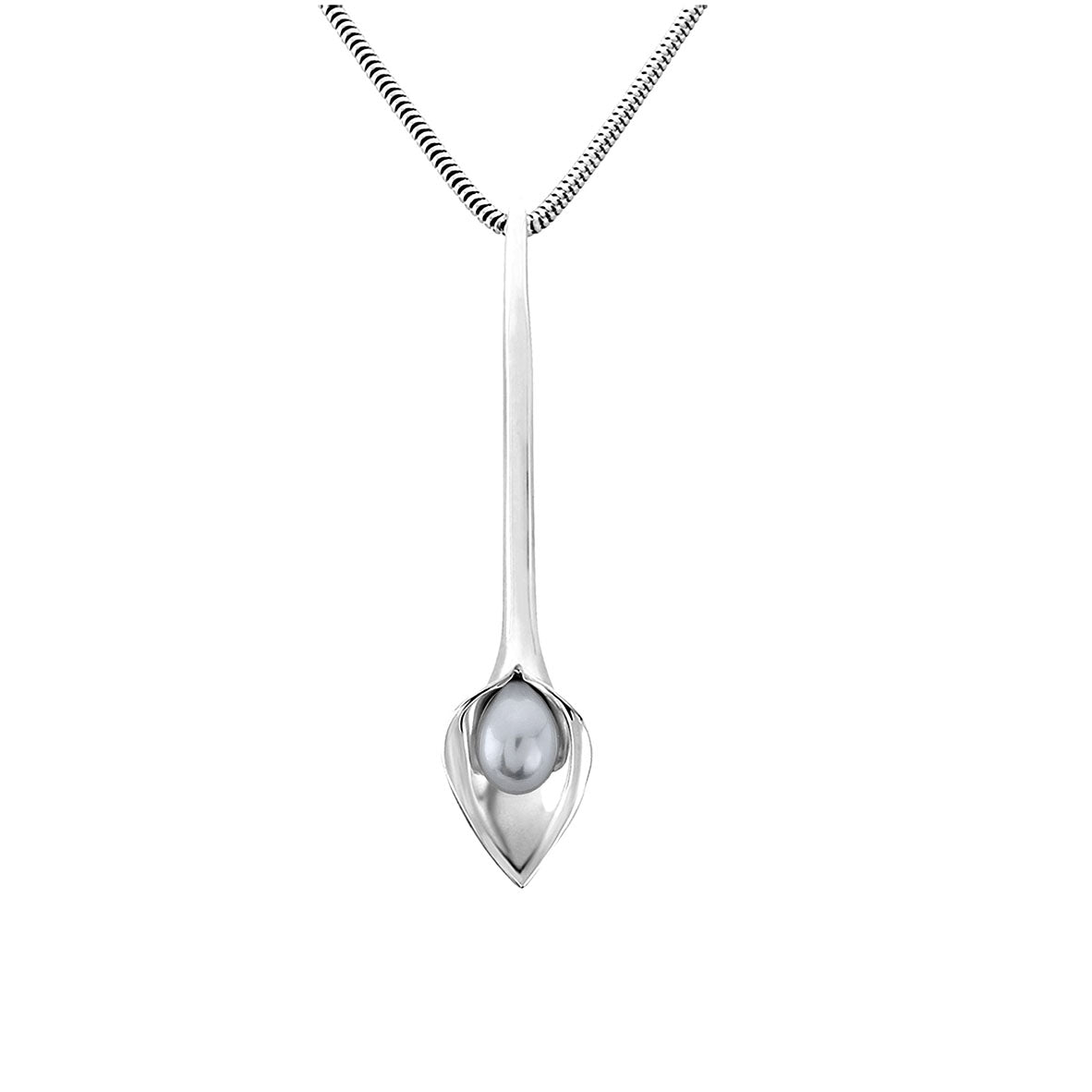 silver pendant that looks like a cala lily with a freshwater pearl, handmade jewellery made in Yorkshire, Amanda Cox, Hebden Bridge bridal jewellery