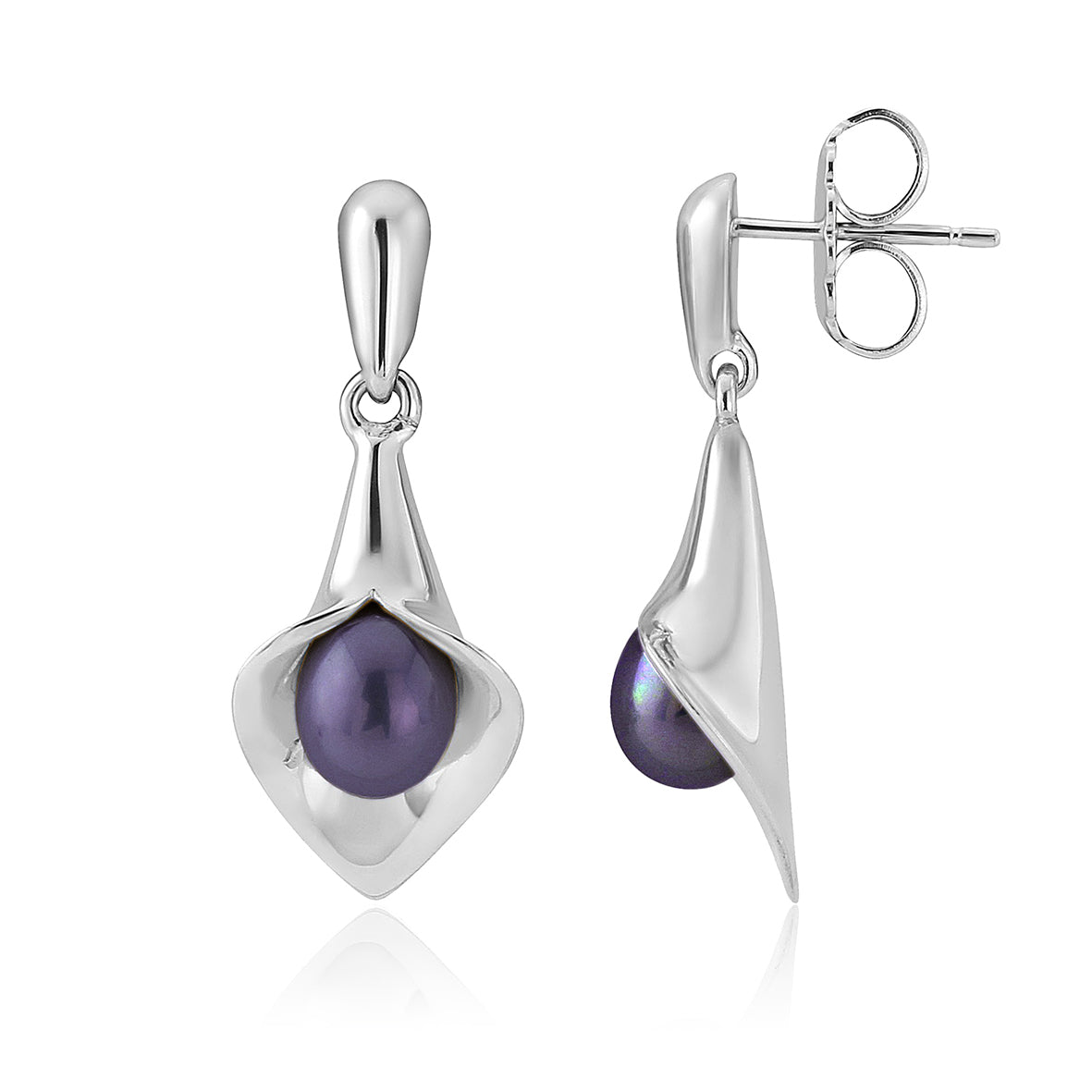 silver drop earrings that look like a Cala lily with a freshwater pearl, handmade jewellery made in Yorkshire, bridal jewellery handmade, Amanda Cox, Hebden Bridge