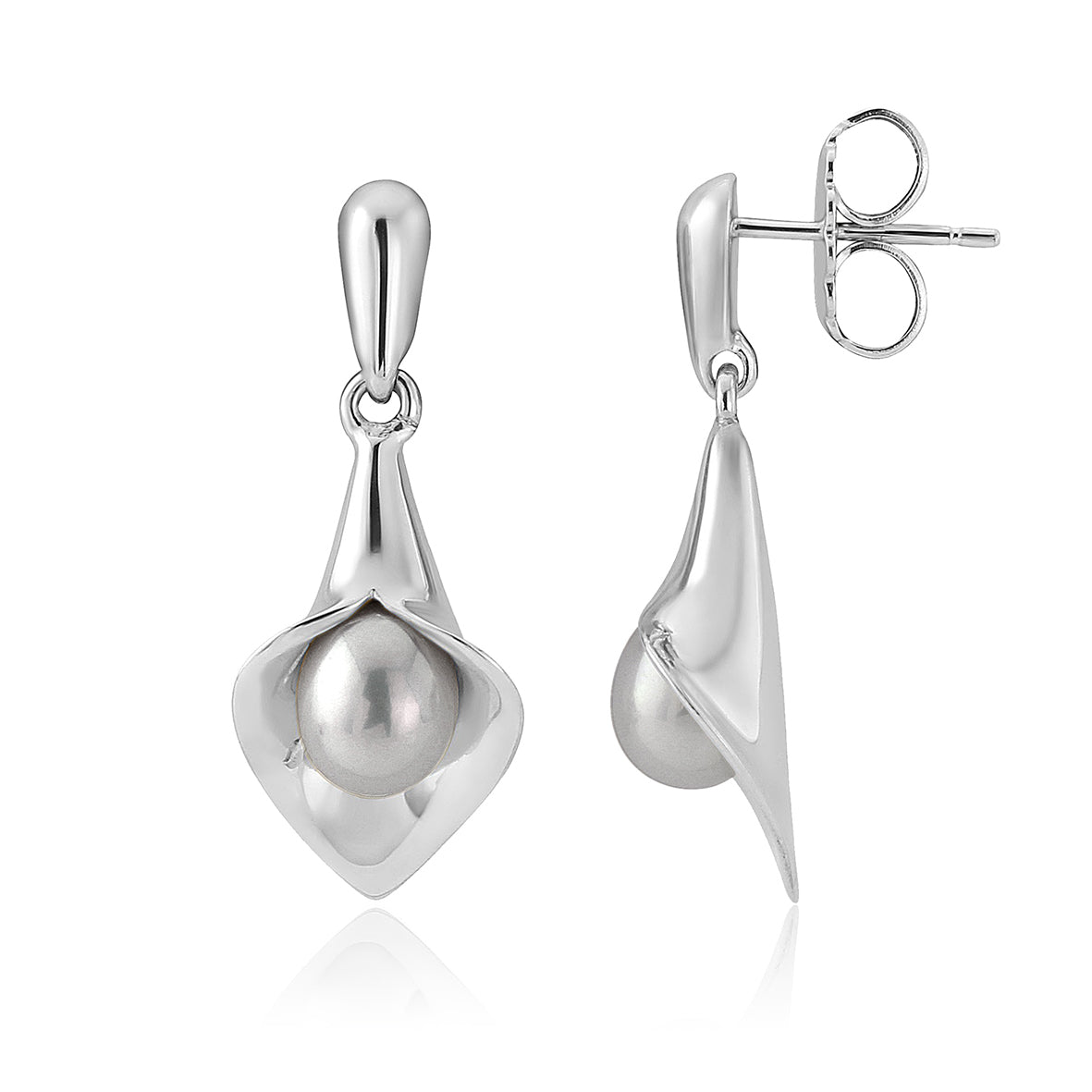 silver drop earrings that look like a Cala lily with a freshwater pearl, handmade jewellery made in Yorkshire, bridal jewellery handmade, Amanda Cox, Hebden Bridge