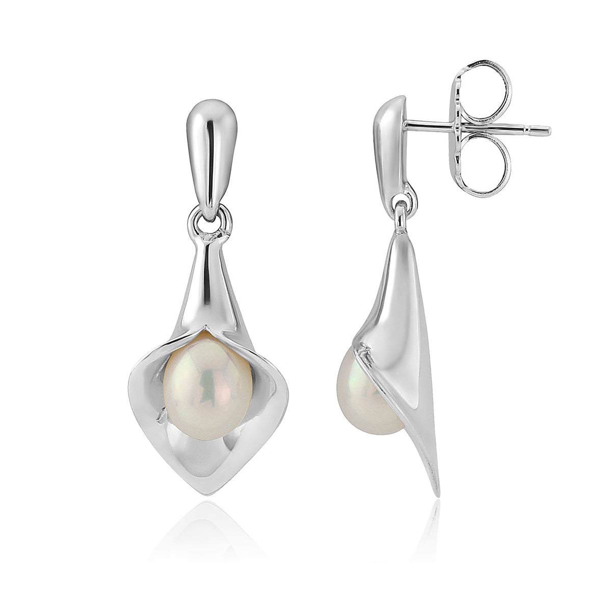 silver drop earrings that look like a Cala lily with a freshwater pearl, handmade jewellery made in Yorkshire, bridal jewellery handmade, Amanda Cox, Hebden Bridge