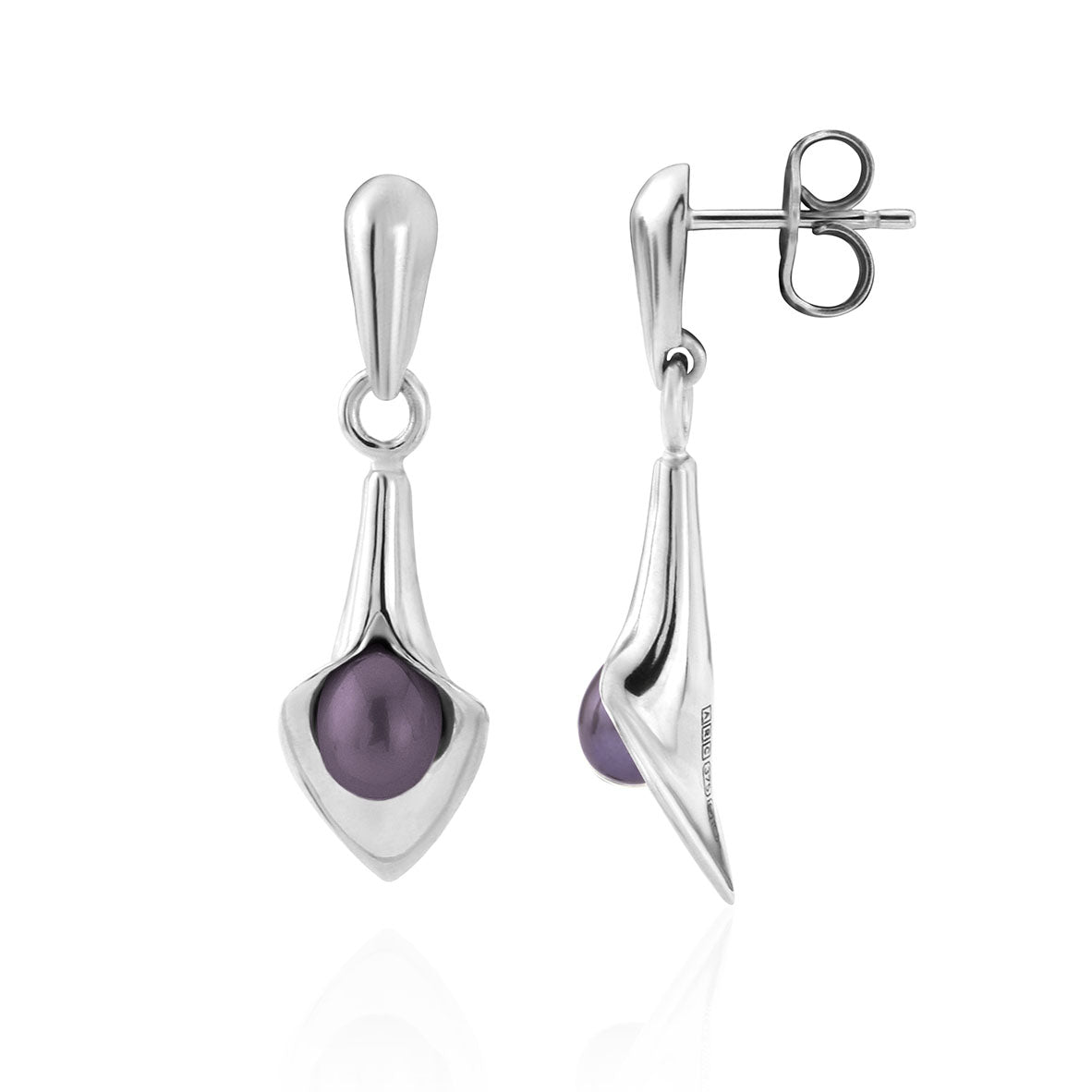 silver drop earrings that look like a Cala lily with a freshwater pearl, handmade jewellery made in Yorkshire, bridal jewellery handmade, Amanda Cox, Hebden Bridge
