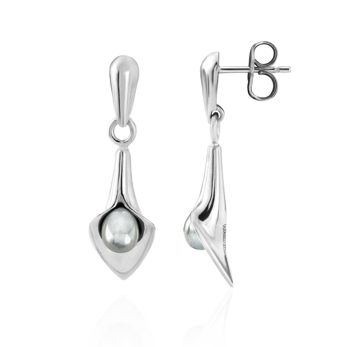 silver drop earrings that look like a Cala lily with a freshwater pearl, handmade jewellery made in Yorkshire, bridal jewellery handmade, Amanda Cox, Hebden Bridge