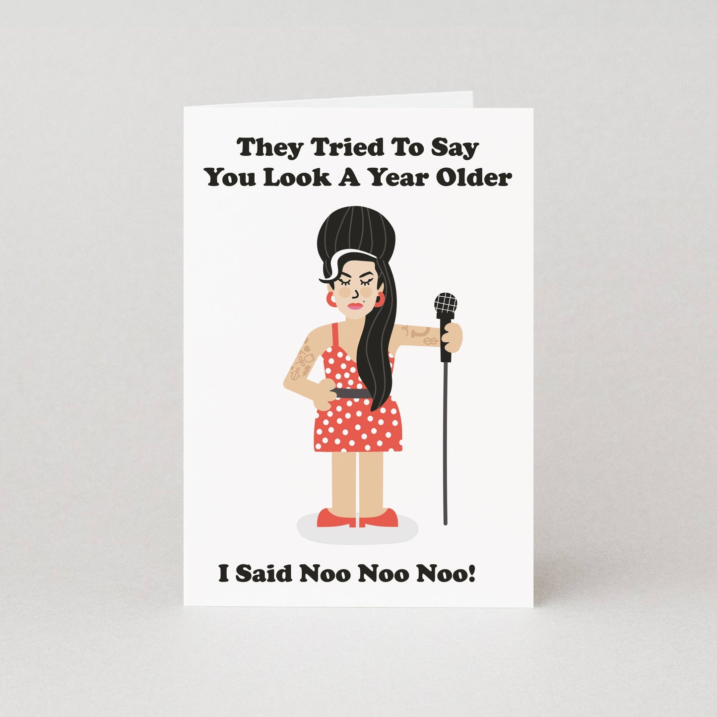 white birthday card with Amy Winehouse illustration, humourous card