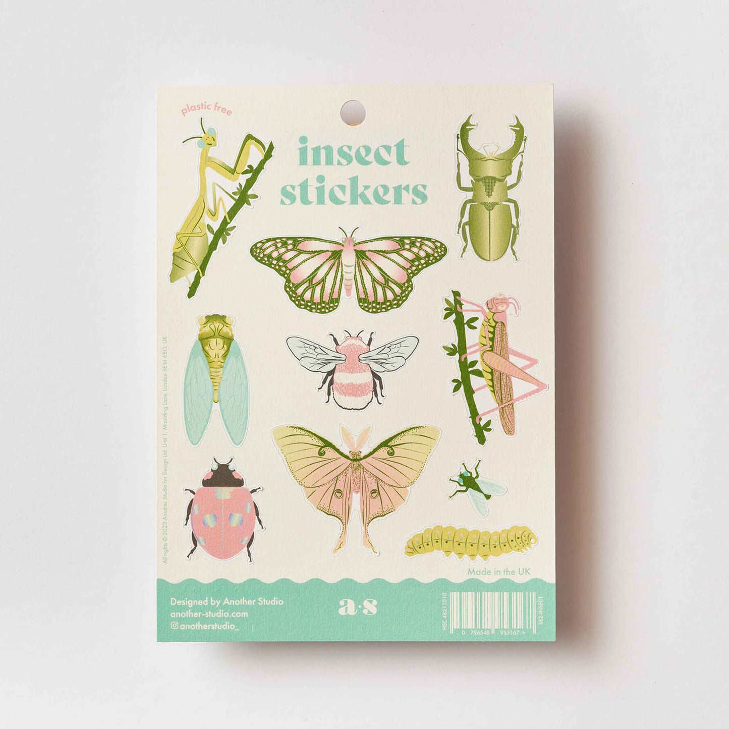 A pack of matte finish insect stickers featuring hand-drawn illustrations of a butterfly, luna moth, bumblebee, caterpillar, cicada, grasshopper, praying mantis, ladybird, stag beetle, and fly.