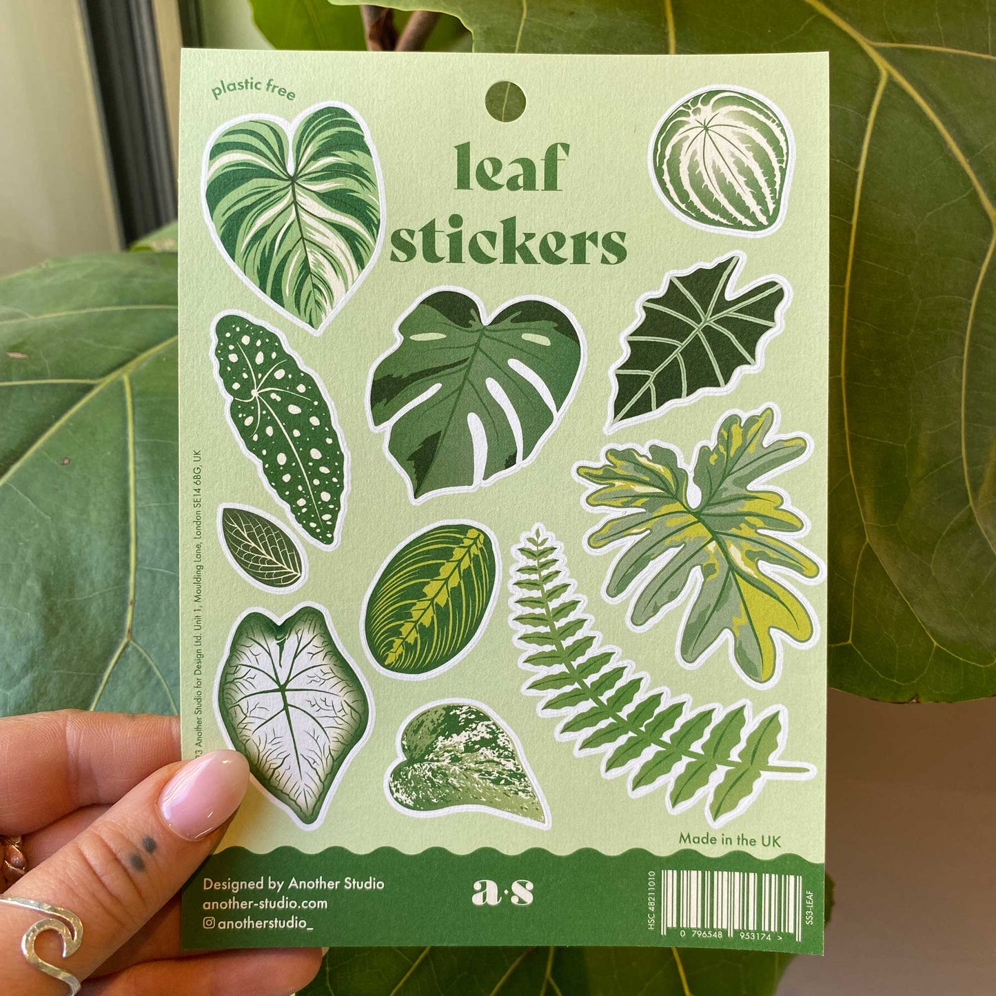 A sheet of various hand-drawn leaf stickers with a matte finish, designed by Another Studio, suitable for decorating surfaces such as notebooks and mirrors.