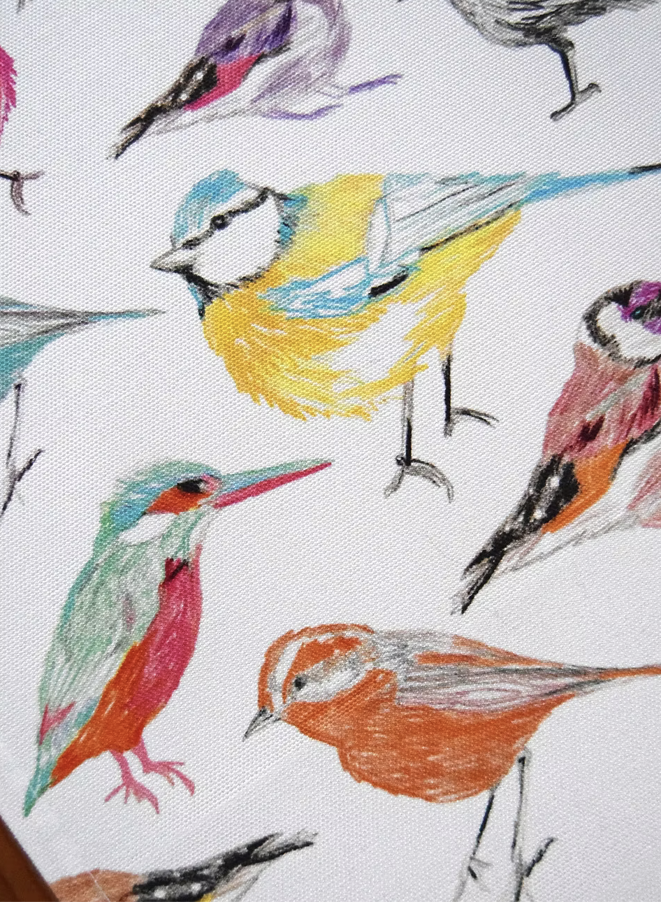 Tea Towel of various colorful birds on a white background by Freya Snow
