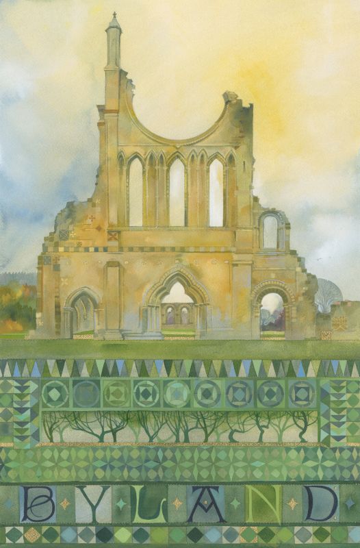 Byland Abbey painted by Kate Lycett with decorative elements at the bottom, set against a sky with clouds.