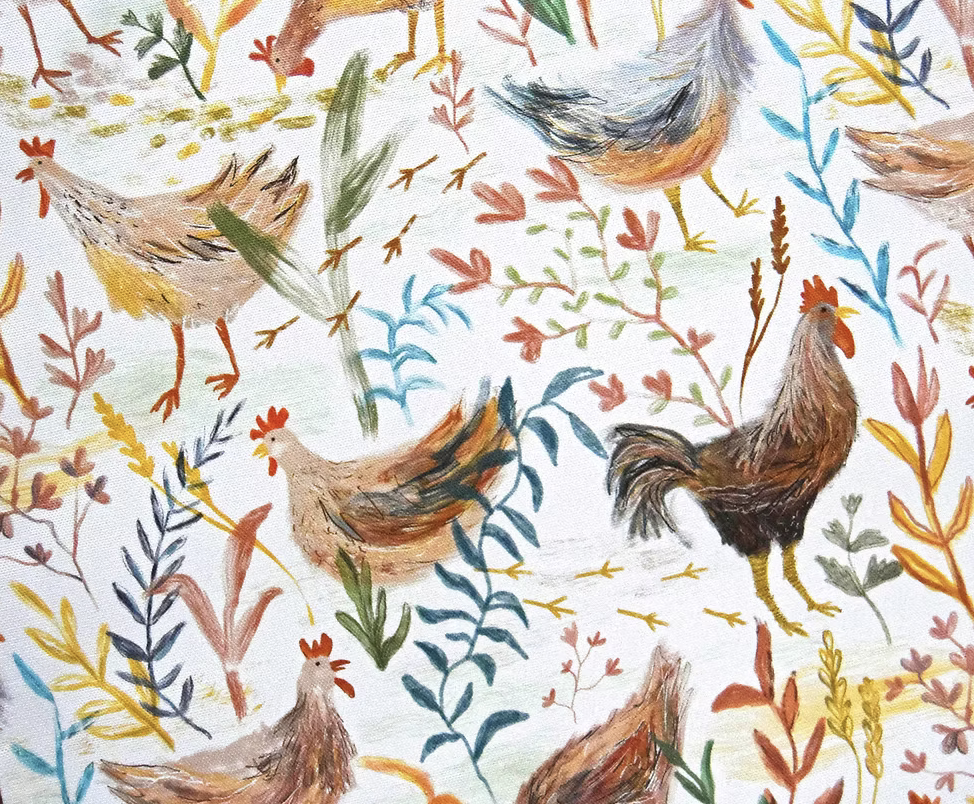 Close up of tea towel design by Freya Snow of chickens and roosters among leaves and plants.
