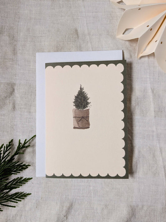 Greeting card with a potted christmas tree illustration on a textured surface