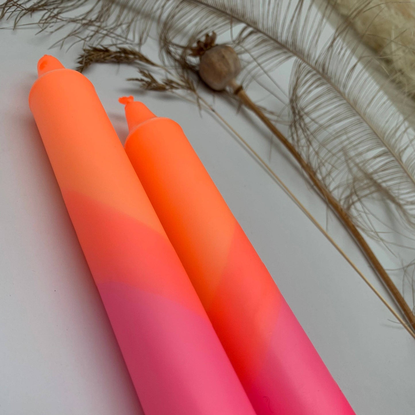 Two gradient candles transitioning from orange to pink on a white background with dried plants and a feather by The Singing Rabbit