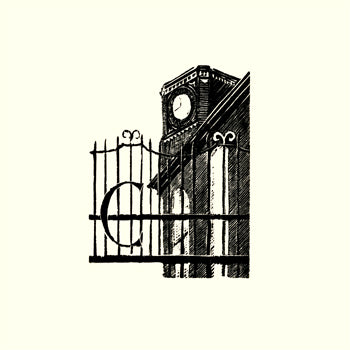 Kate Lycett,wood engraving,Hebden Bridge, A-Z,Co-Operative Hall,print,building,illustration of some gates on a building with a clock