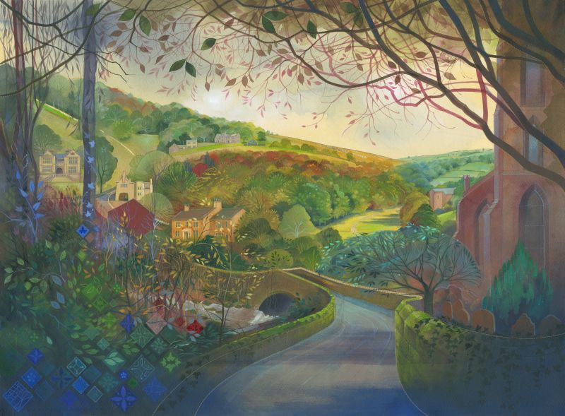 Colorful landscape painting of Cragg Vale by Kate Lycett with a village, bridge, and hills.