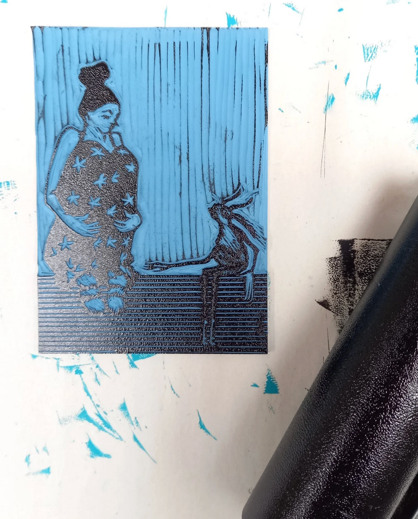 Original editioned linocut by Polly Marix-Evans, depicting a figure with a cat, signed and titled, on smooth white printmaking paper called We All HAve our own Demons
