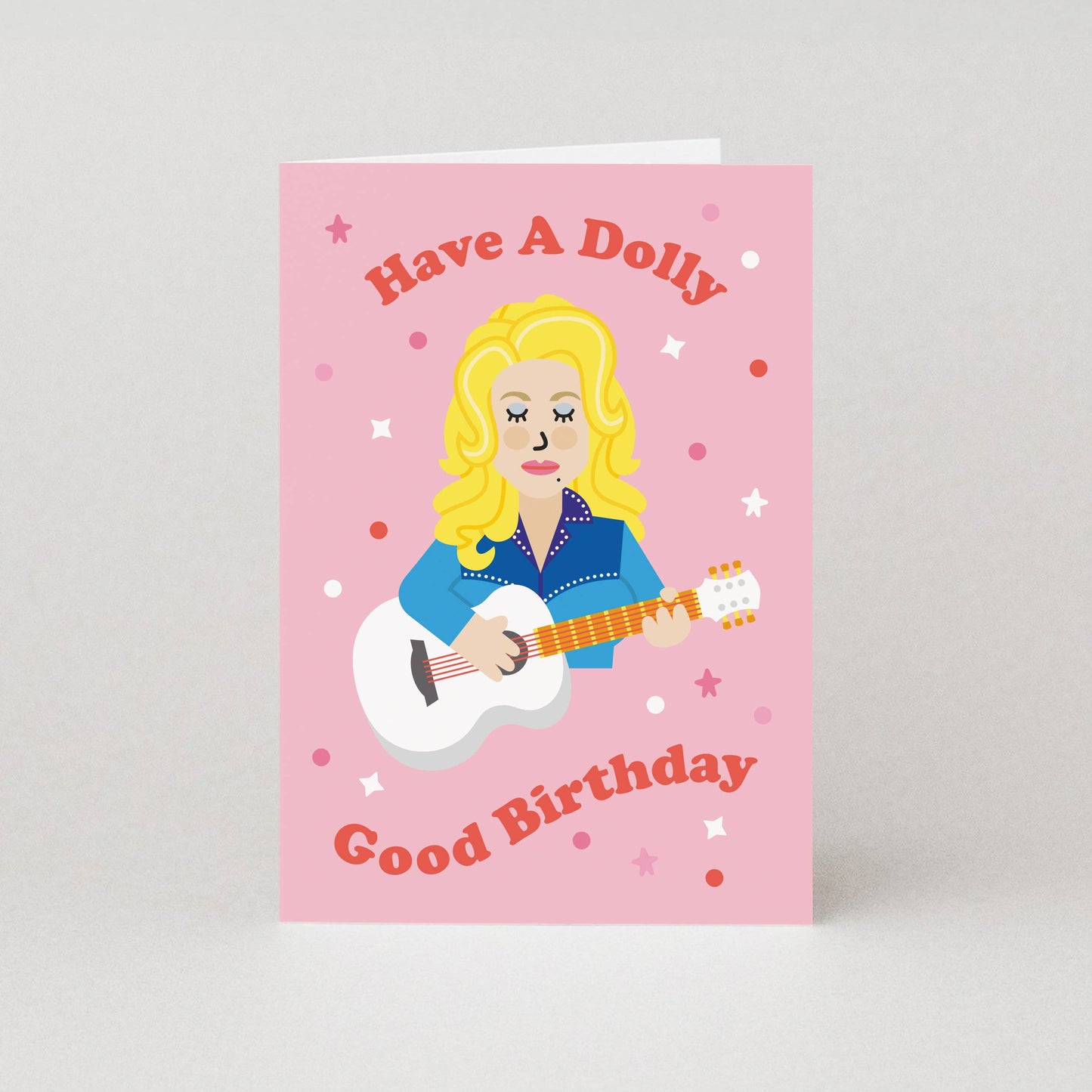 pink dolly parton with a guitar birthday card, humourous card