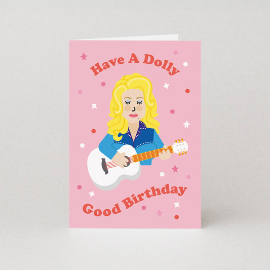 pink dolly parton with a guitar birthday card, humourous card