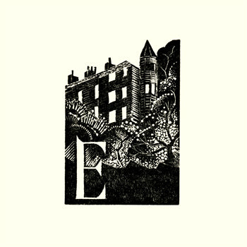 Kate Lycett,wood engraving,Hebden Bridge, A-Z,Eiffel Buildings,print,black and white ullustration of some buildings and the letter E