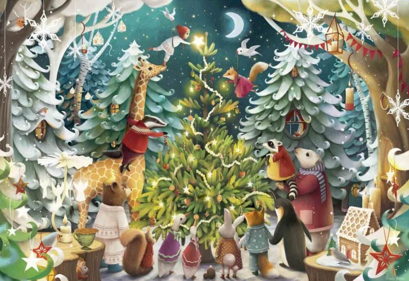 Illustration of a festive winter scene with animals and Christmas decorations.