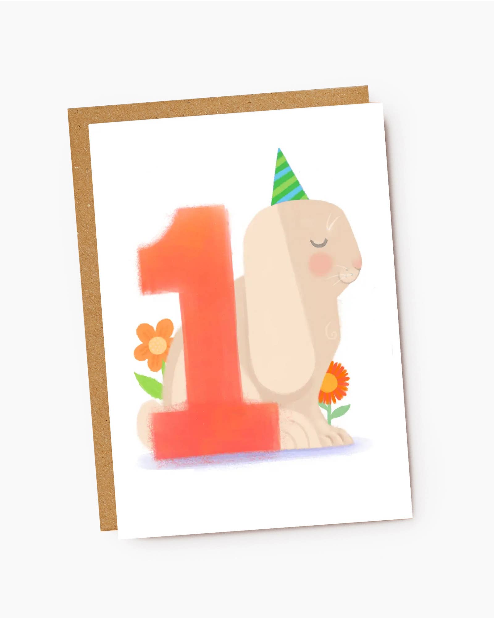 Greeting card with a rabbit wearing a party hat and the number '1' on a white background