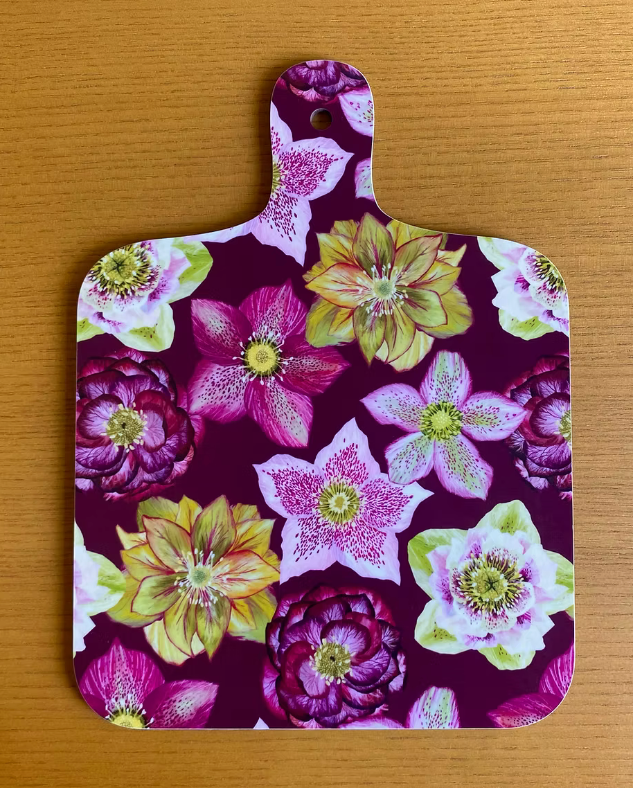 hellebores on a minichopping board by Freya Snow for Heart Gallery