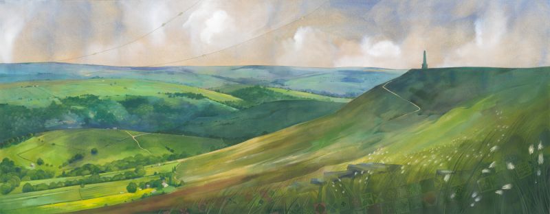 Painting by Kaqte Lycett of From top Withens with rolling green hills and Stoodley Pike in the distance