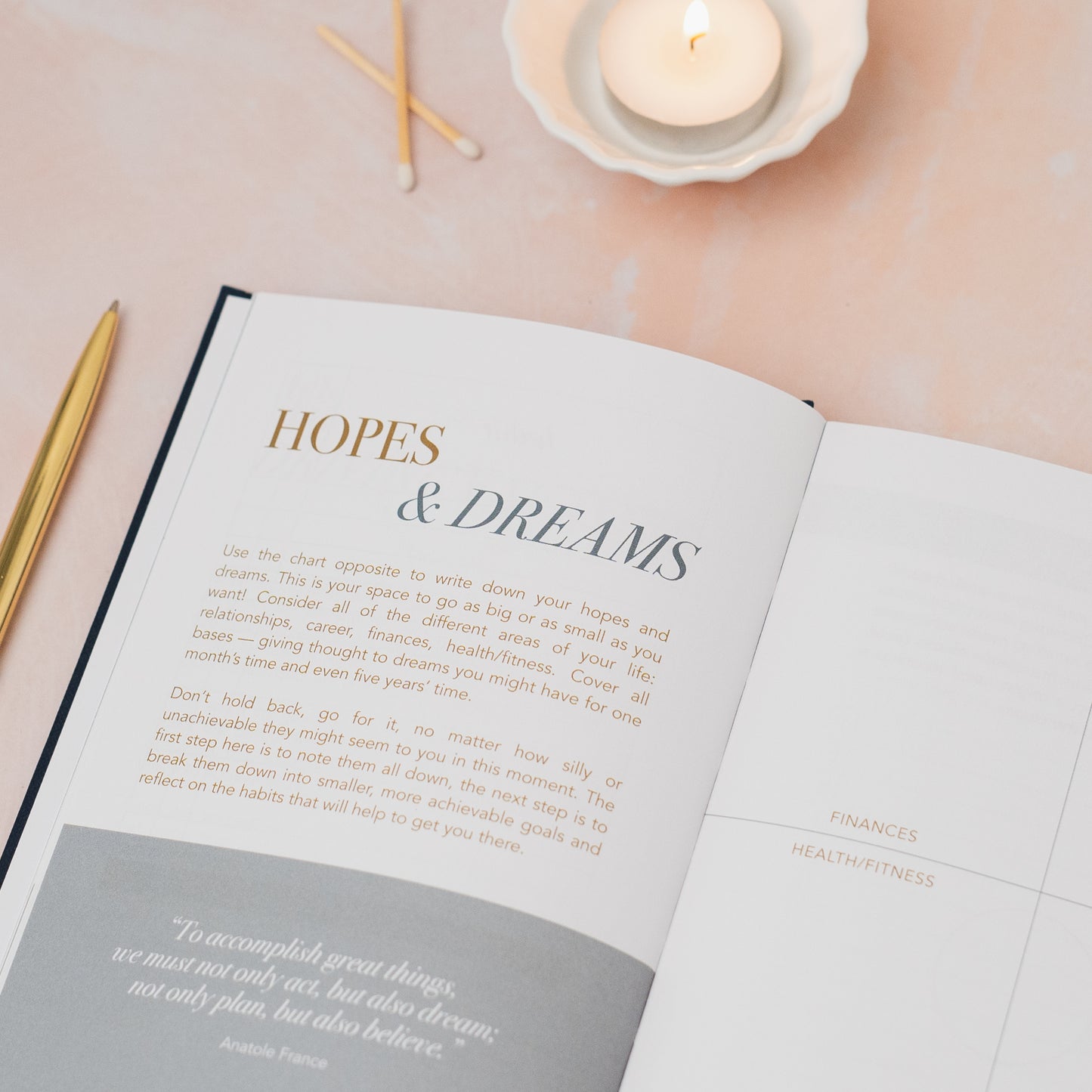 Open book titled 'Hopes & Dreams' with a candle and pen on a light surface. LSW Habit Notes journalling