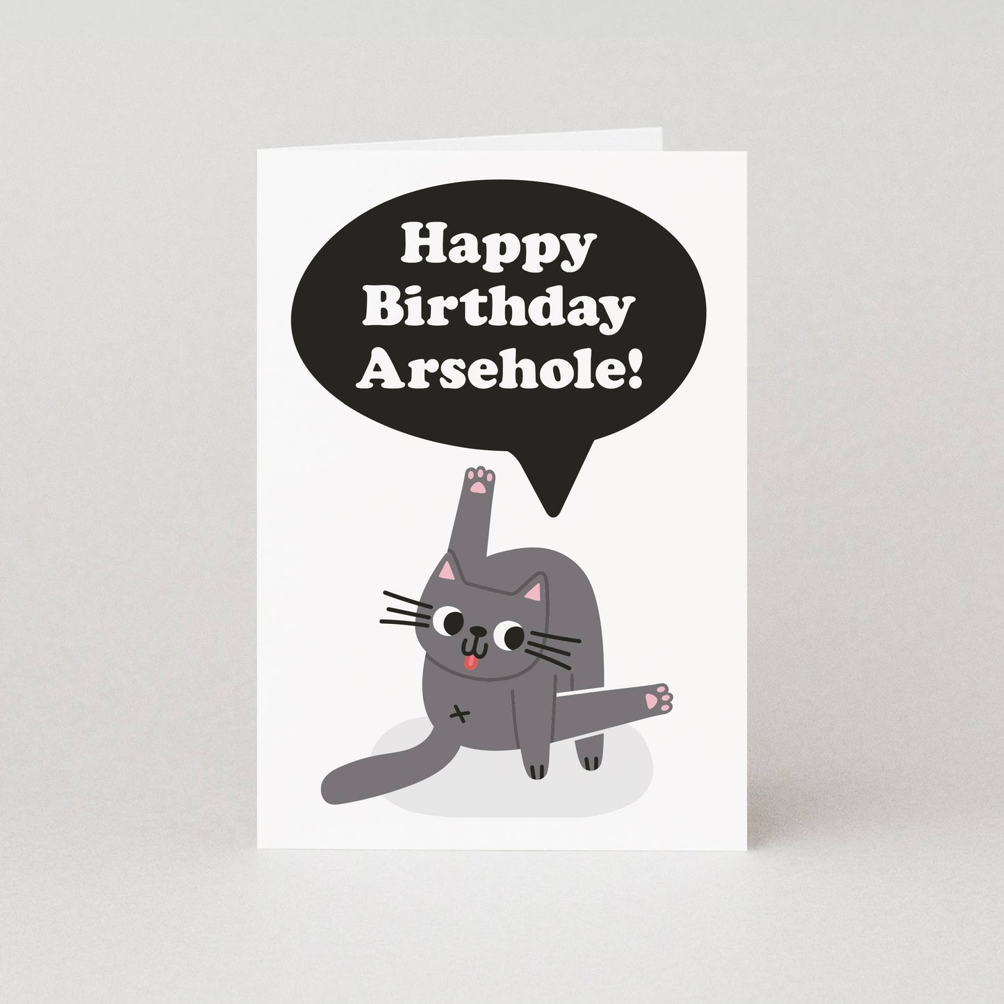 Birthday card with a cat and speech bubble saying 'Happy Birthday Arsehole!' on a white background