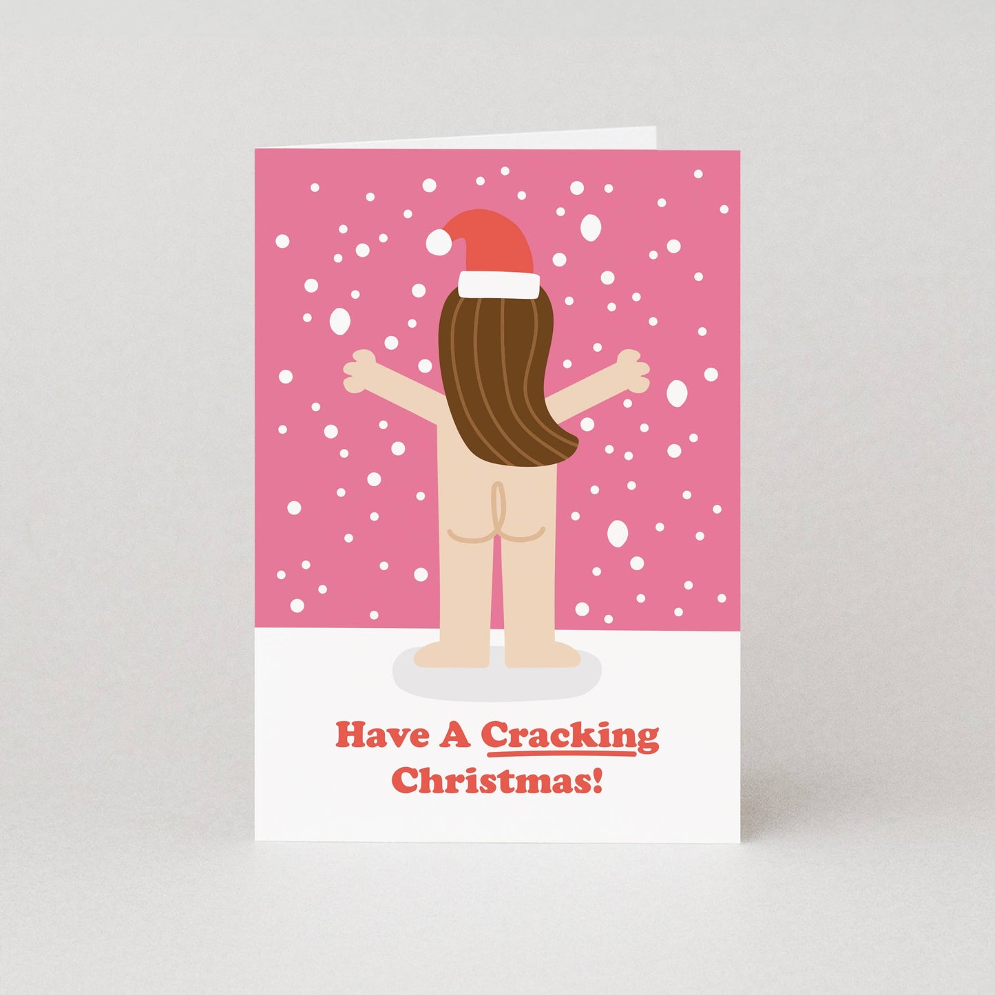 Card with a cartoon character wearing a Santa hat on a pink background with snowflakes, and text 'Have A Cracking Christmas!'.