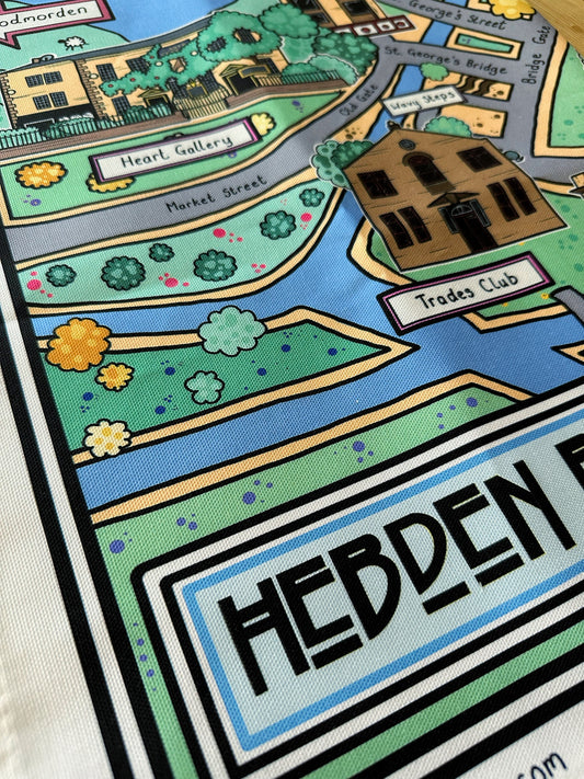 Colorful map of Hebden Bridge with labeled streets and landmarks Tea Towel