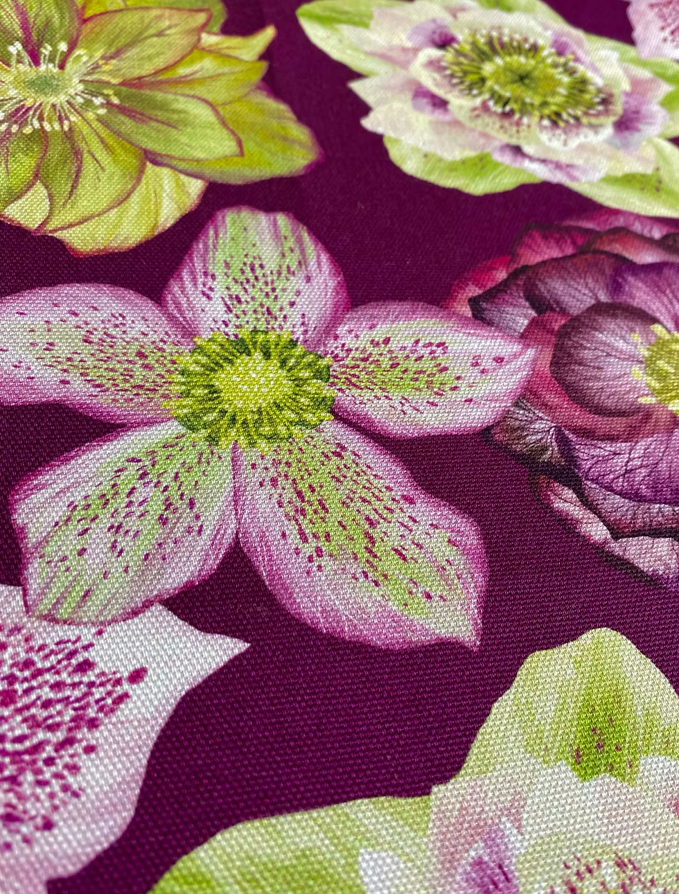 Close-up of hellebore tea towel in purple and green by Freya Snow on a purple background.