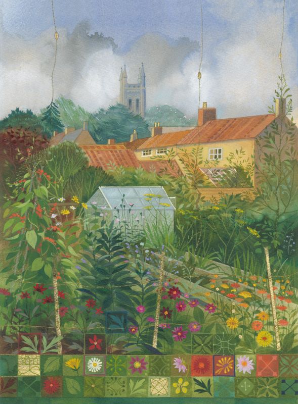Painting by Kate Lycett of gardens in Helmsley with a house and church in the background