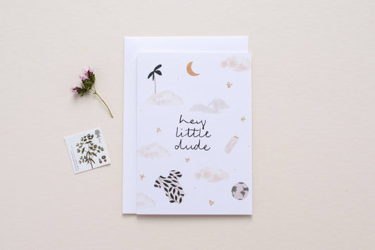 Greeting card with decorative elements and text on a beige background Hey Little Dude