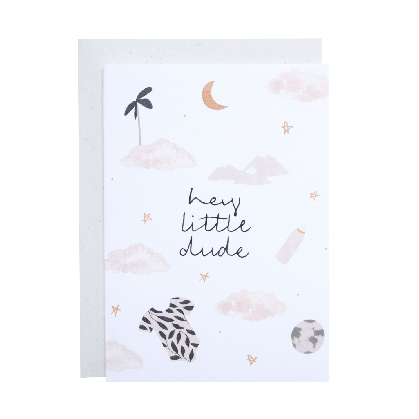 Greeting card with illustrations and text 'hey little dude' on a light blue background