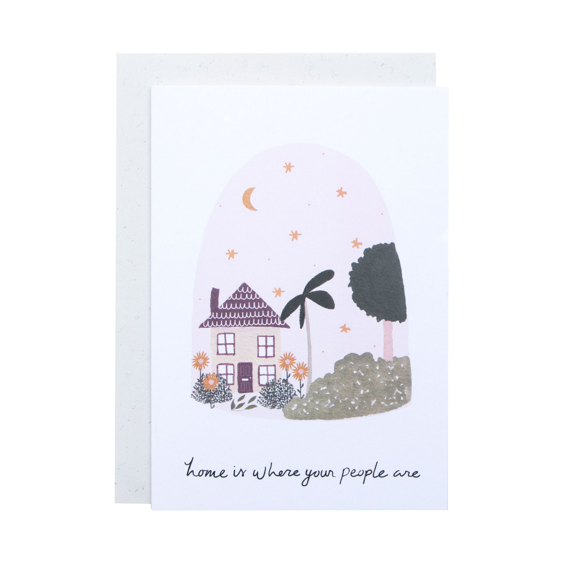 Illustration of a house with plants and text 'home is where your people are' on a white background