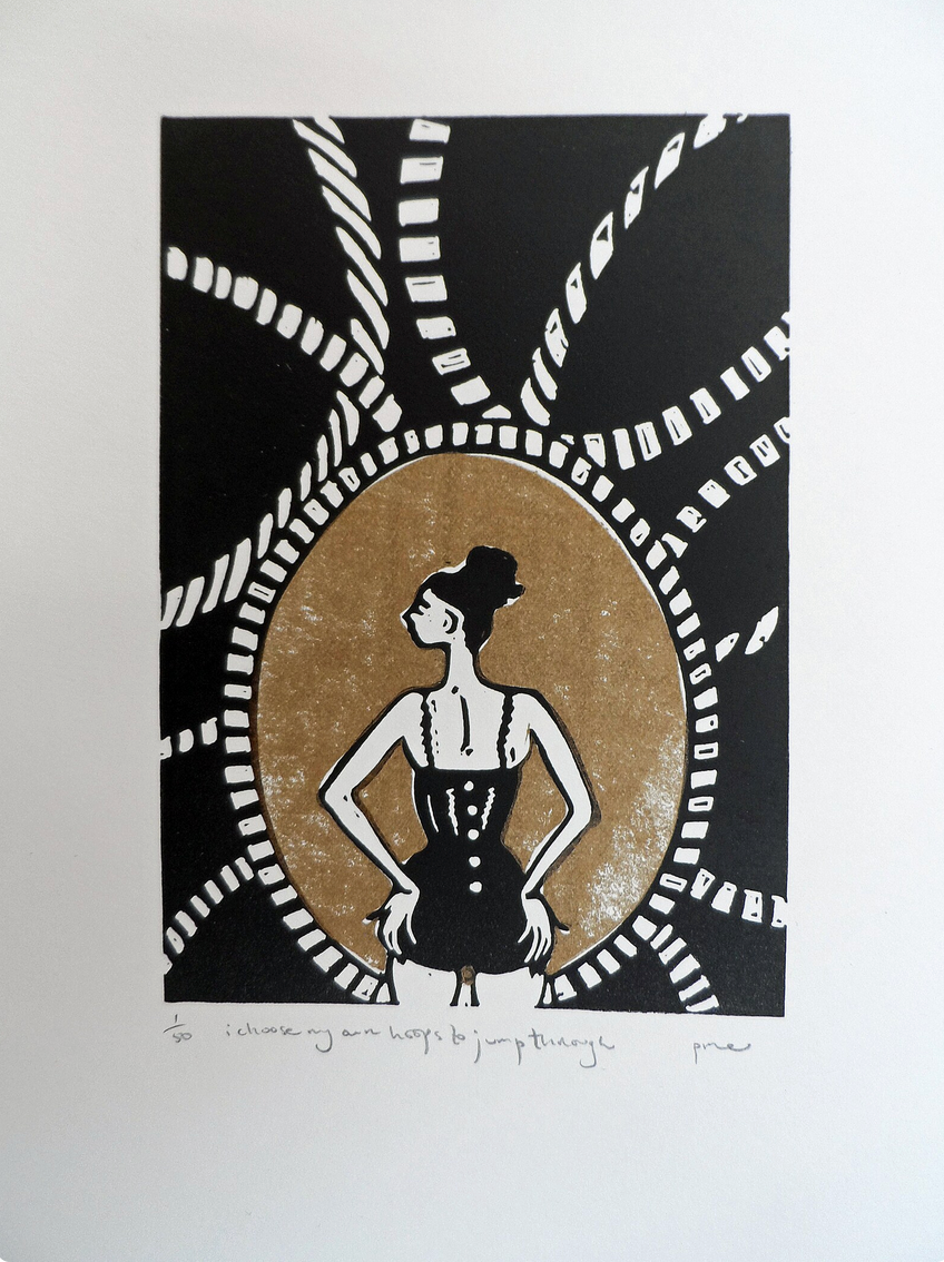 An originl linocut artwork depicting a figure with a hoop, displayed on a wooden clipboard by Polly Marix Evans